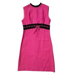 70s vintage wool pink shift dress sleeveless crochet lace bow Pretty Talk.